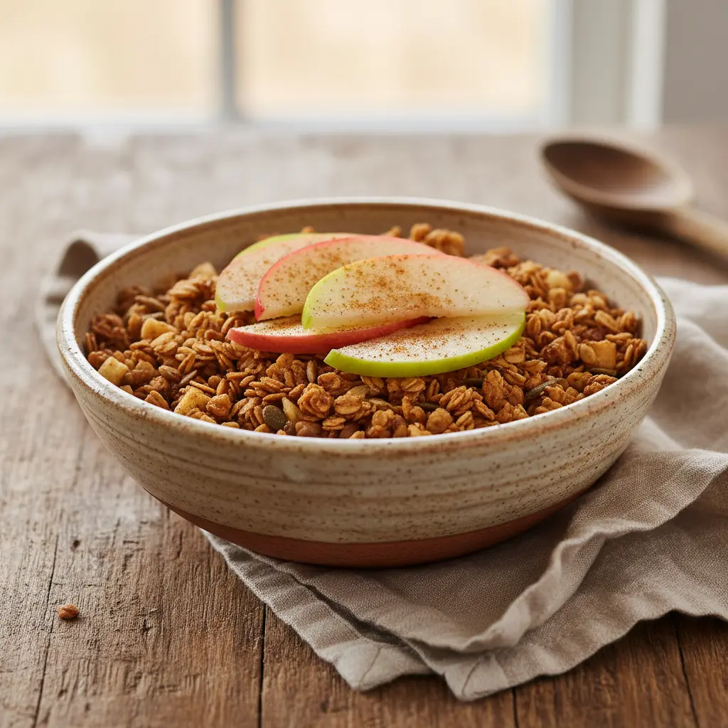 Apple granola in a rustic bowl, topped with fresh apple slices and sprinklings of cinnamon.