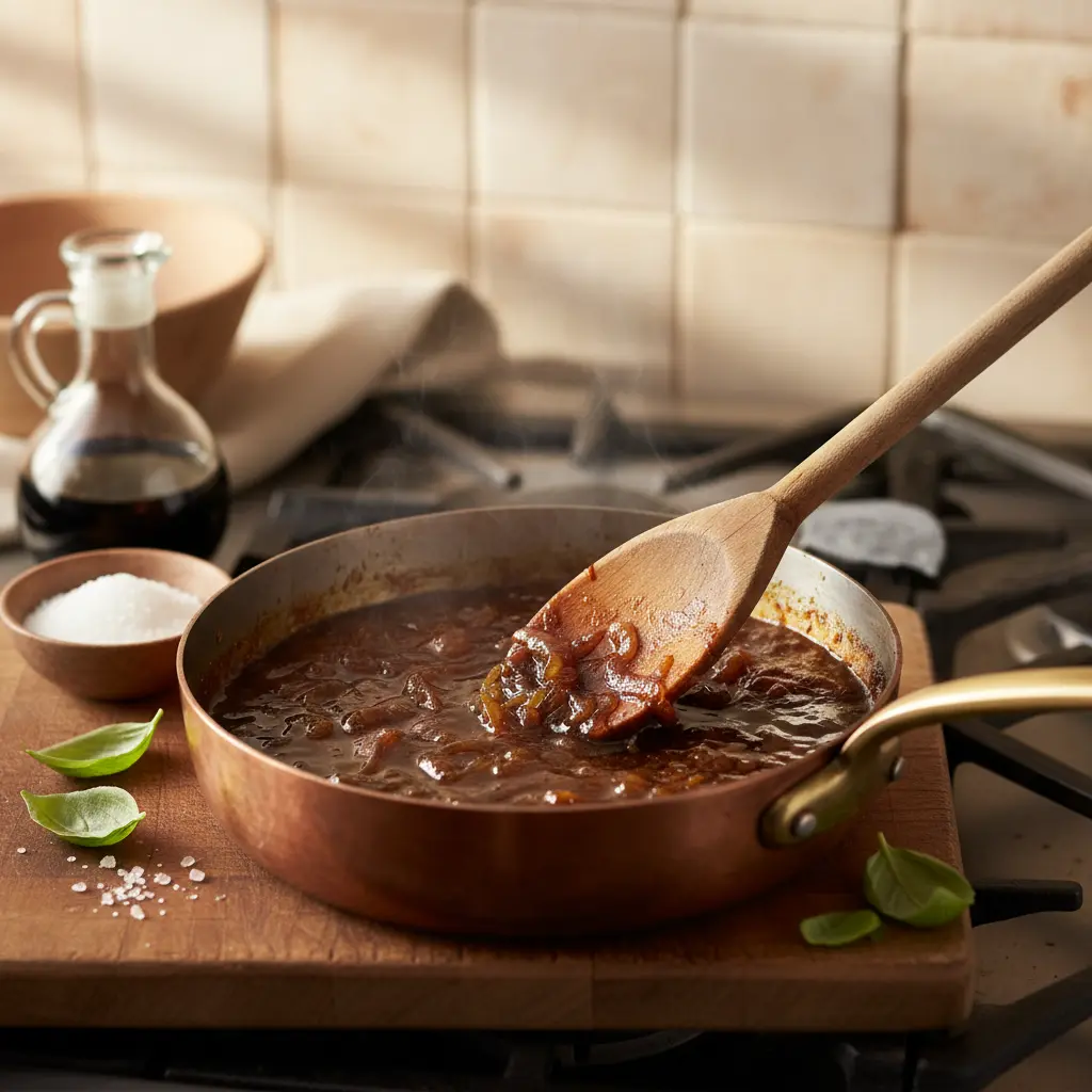 Agrodolce sauce being cooked in a saucepan with wooden spoon