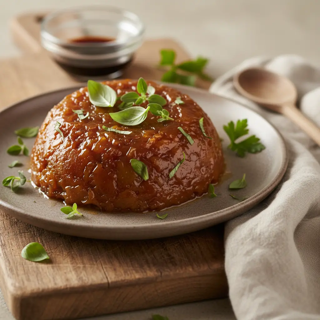 Agrodolce sauce on a plate with fresh herbs
