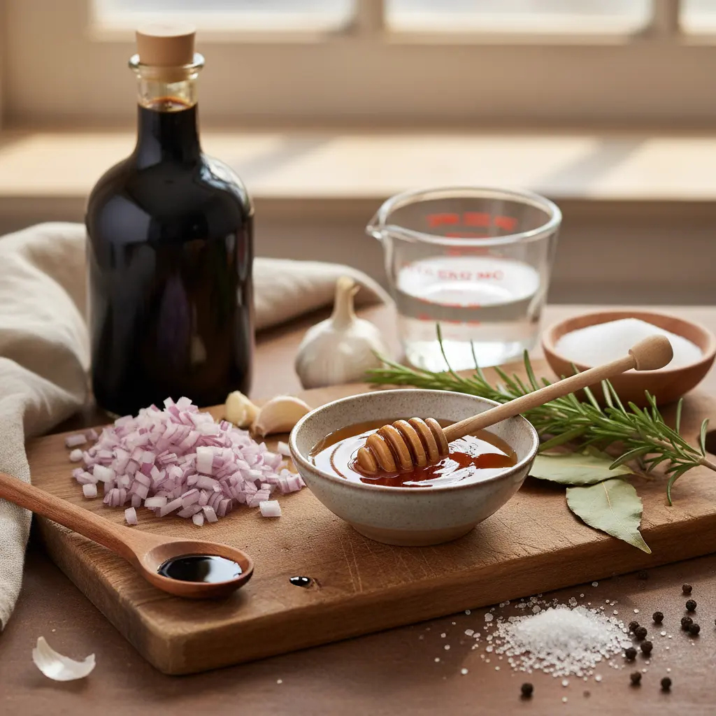 Ingredients for agrodolce sauce with balsamic vinegar and honey