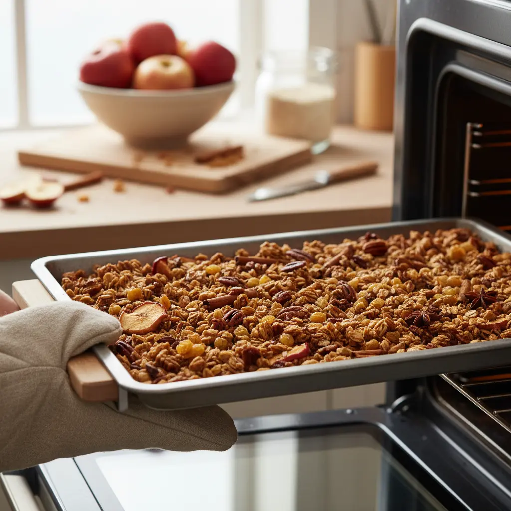 Baking apple granola in the oven, showing a tray coming out with golden-brown granola.