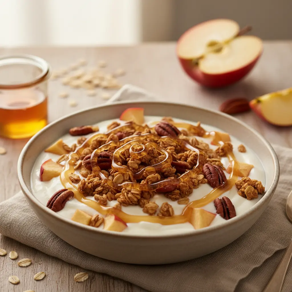 Serving apple granola with yogurt and honey drizzled on top.